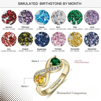 Personalized Infinity Ring | Two Custom Birthstones, Engraved Band, Sterling Silver