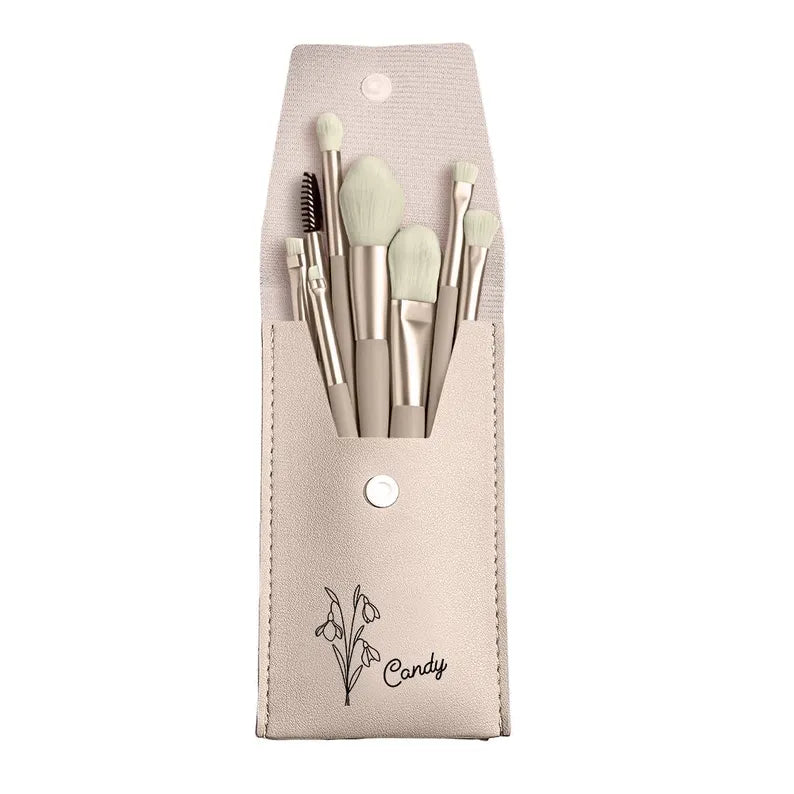 Personalized Birth Flower Makeup Brush Set, PU Leather Bag & 8 Brushes