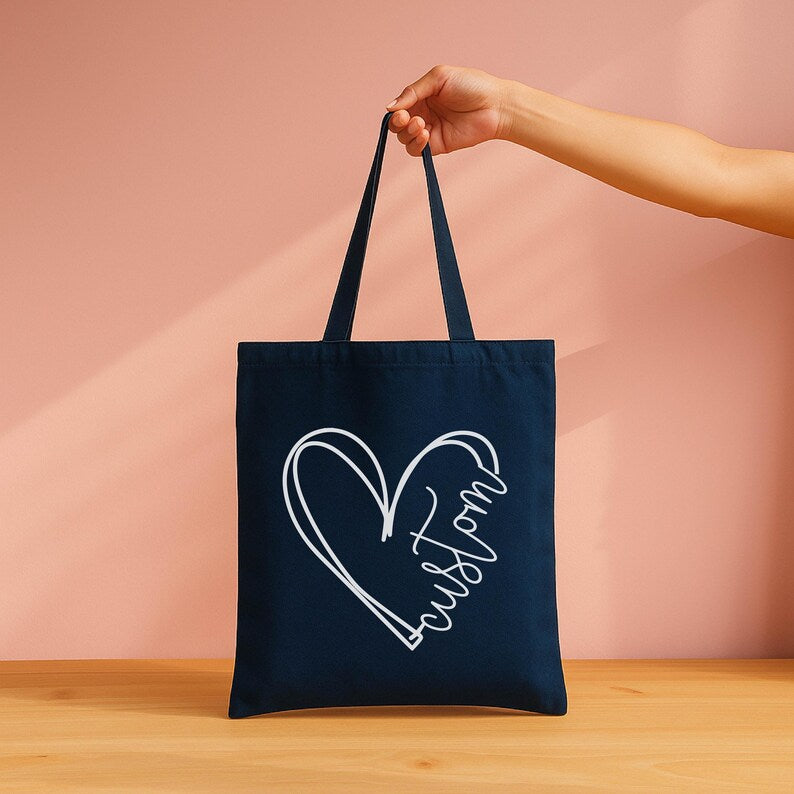 Custom Love Heart Tote Bag with Name: Valentine's Day, Christmas, Bachelorette Gifts for Women