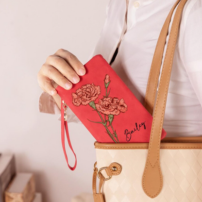 Personalized Watercolor Birth Flower Tri-Fold PU Leather Wristlet Wallet with Card Holder & Custom Name, Birthday Anniversary Gift for Women