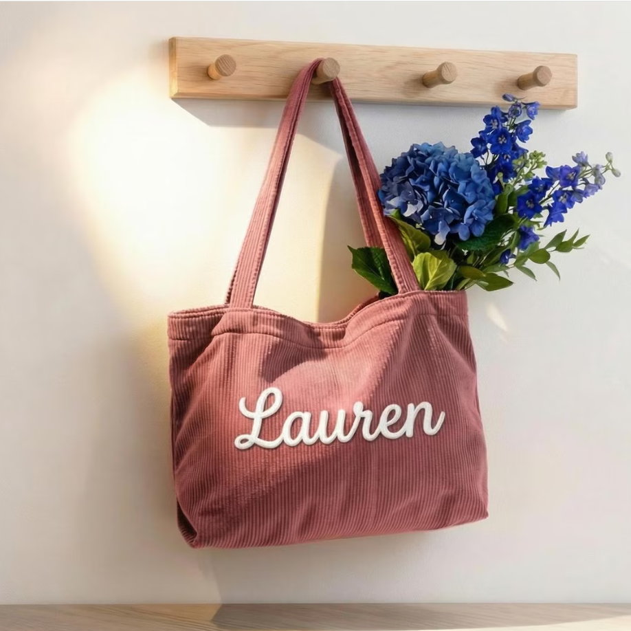 Personalized Corduroy Tote Bag, Custom Embroidered Name Shoulder Bag, Large 17¡± Everyday Shopper, Gift for Her