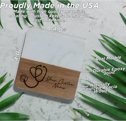 Marble & Acacia Wood Stethoscope Coaster, Medical Office Decor, Heart Design, Doctor Gift, Nurse Accessory