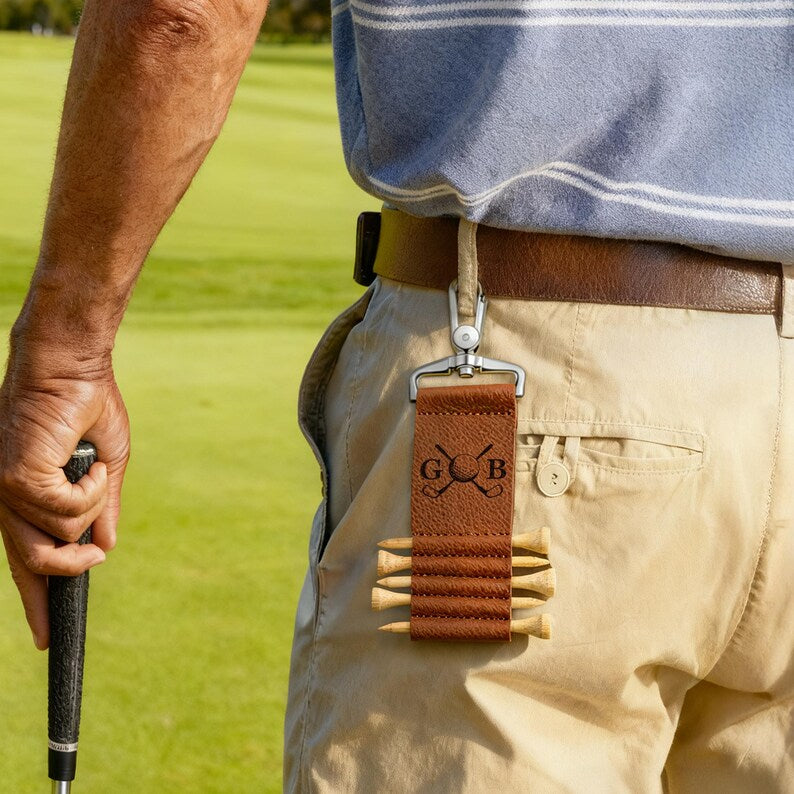 Personalized Golf Theme Monogram Initial PU Leather Golf Tee Holder Bag Tag with Name and 5 Pcs Bamboo Tees Birthday Gift for Golf Player