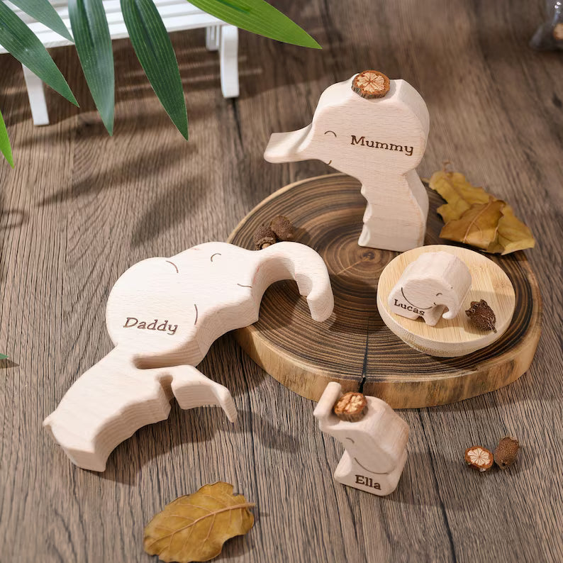 Wooden Elephant Family Puzzle, Animal Family Decor, New Mom Gift, Wedding Anniversary Gifts, Family Name Keepsake, Mother's Day Gift for Mom