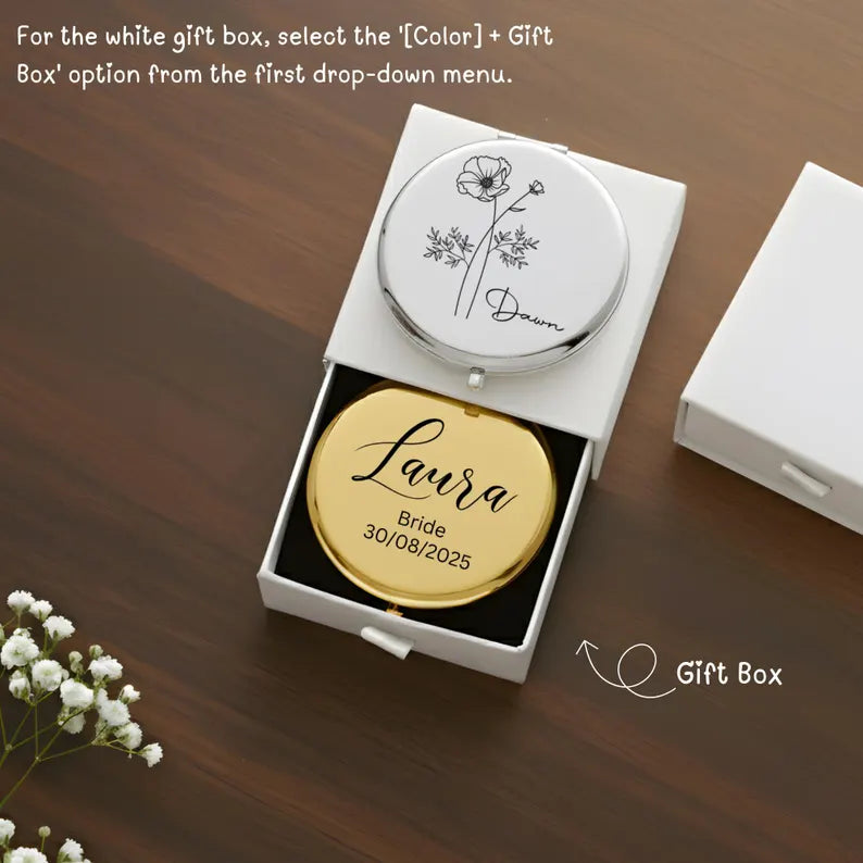 Custom Engraved Compact Travel Makeup Mirror ¨C Personalized Pocket Mirror with Name or Birth Flower Bridesmaid Proposal - Wedding Party Gift