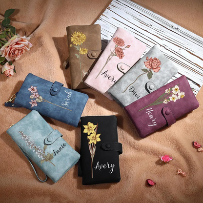 Personalized Leather Wallet for Women, Custom Birth Flower Wallet with Name,Bridesmaid Gift,Mother's Day Gift,Gifts for Her,Gift For Mom