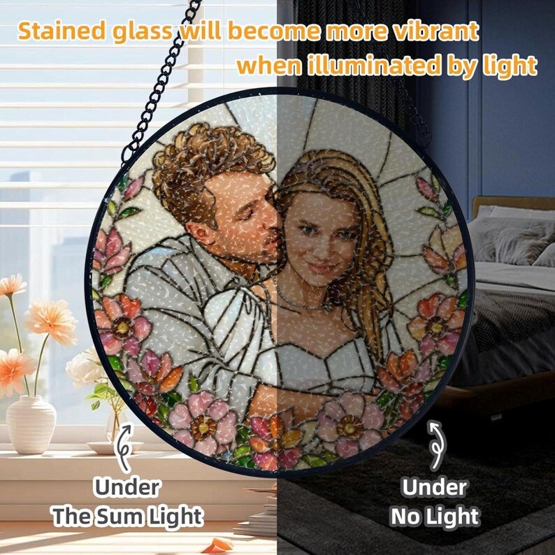 Custom Couple Portrait Stained Glass Suncatcher, Floral Art, Anniversary Gift