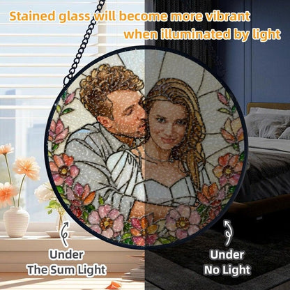 Custom Couple Portrait Stained Glass Suncatcher, Floral Art, Anniversary Gift