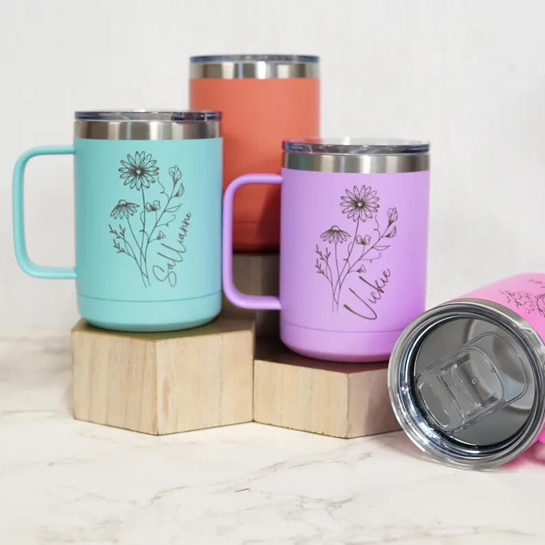 Personalized Birth Flower Insulated Coffee Tumbler with Handle for Sister, Best Friend, Bridesmaid, Personalized Coffee Mug, Travel Mug