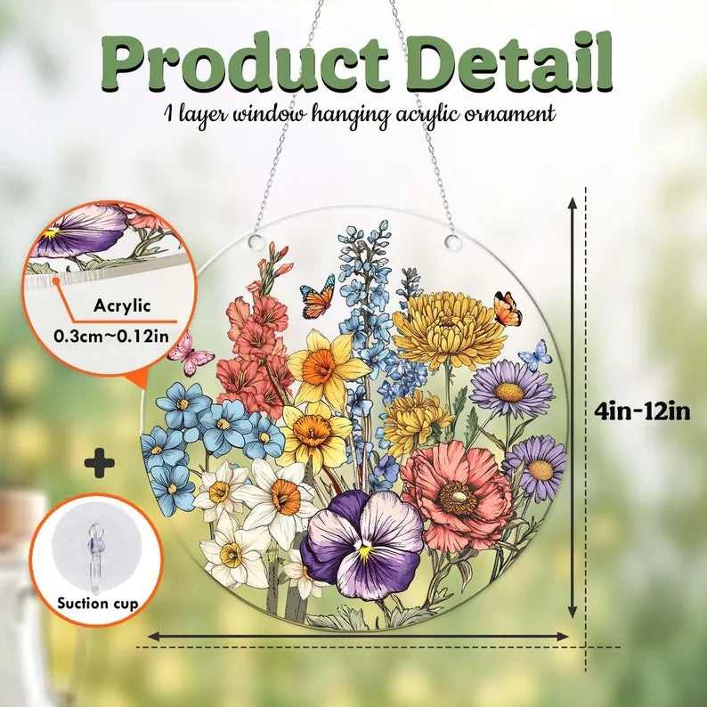 Custom Family Birth Flowers Glass Suncatcher, Custom Mom's Garden Gift, Flower Glass Art, Birth Flower Gift, Mother's Day Gift, Home Decor