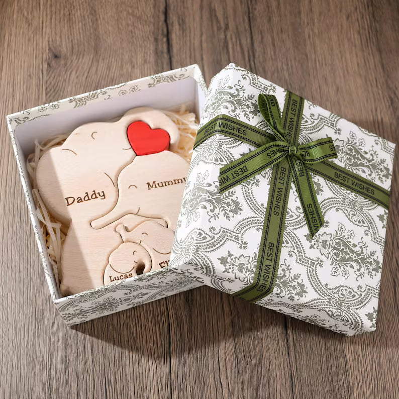 Wooden Elephant Family Puzzle, Animal Family Decor, New Mom Gift, Wedding Anniversary Gifts, Family Name Keepsake, Mother's Day Gift for Mom