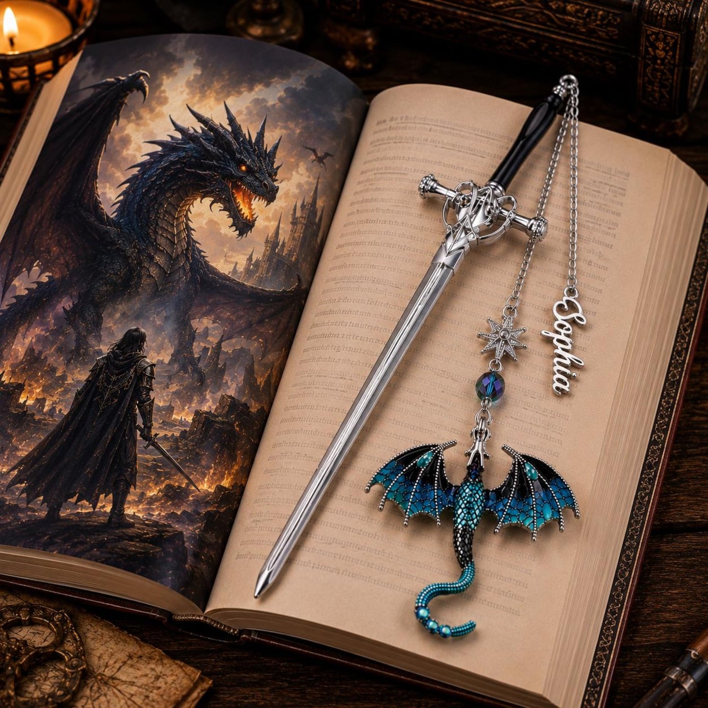 Personalized Name Fantasy Dragon Sword Bookmark | Fourth Wing Gothic Bookmark | Bookish Metal Charm | Birthday Graduation Gift for Readers