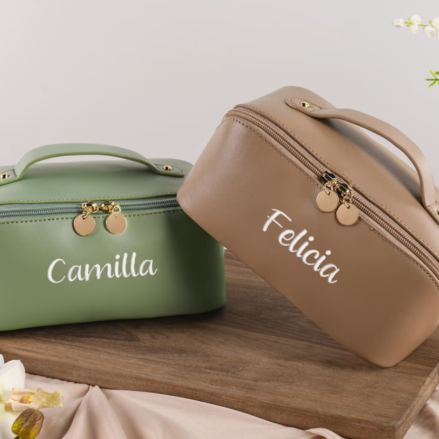 Personalized Leather Embroidered Makeup Bag, Custom Large Capacity Cosmetic Bag, Gift for Women, Gifts for Her, Gift for Mom