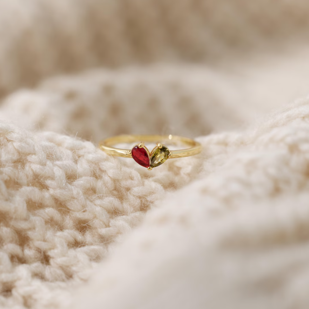 Heart shaped birthstone ring, personalized double birthstone jewelry, birthday surprise, mothers day gift, symbol of friendship and love