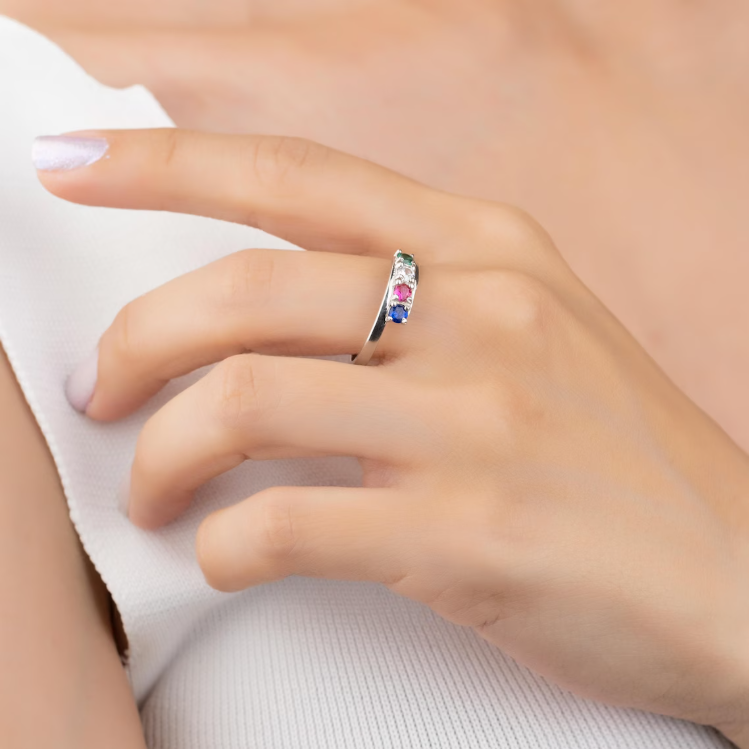 1-4 Birthstone Order Family Ring, Mother Ring Gift, 925K Silver Dainty Ring, Personalized Gift for Her, Christmas Gift, Curved Style Ring