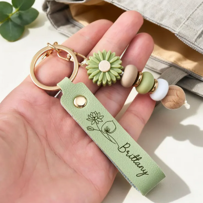 Personalized PU Leather Keychain Daisy Bead Pendant¨C Custom Name, Birthday Flower Keychain, Perfect Bag Charm, Mother's Day Anniversary Gift