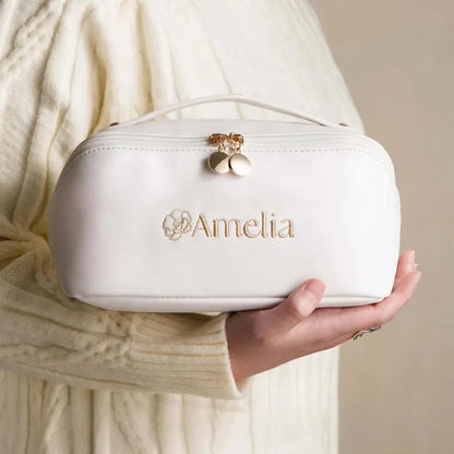 Monogram Embroidered Toiletry Bag, Mothers Day Gift, Large Vegan Leather Makeup Organizer, Personalized Bridesmaid Proposal Gift [T]