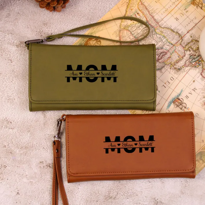 Engraved Leather Mom Kids Name gift, Mothers Day Special Wallet