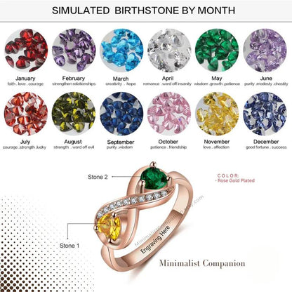 Personalized Infinity Ring | Two Custom Birthstones, Engraved Band, Sterling Silver