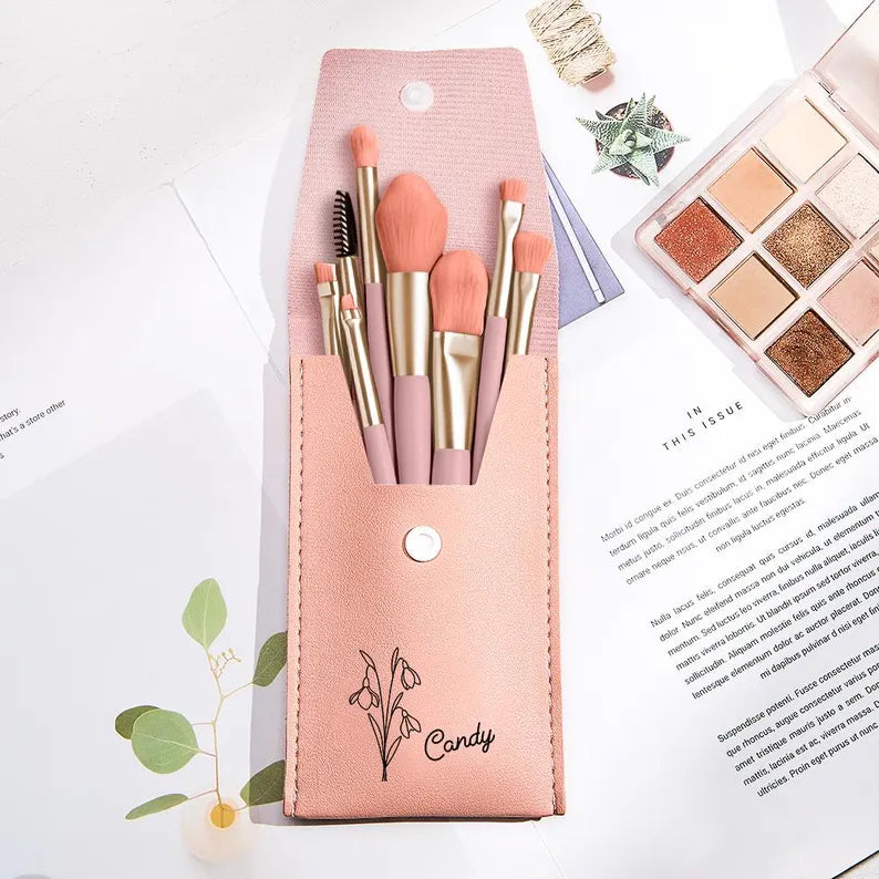 Personalized Birth Flower Makeup Brush Set, PU Leather Bag & 8 Brushes