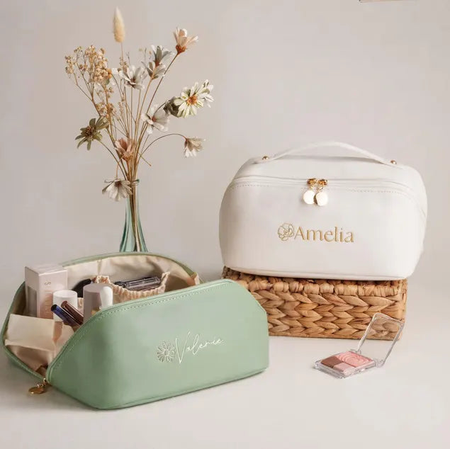 Personalized Embroidered Leather Makeup Bag, Mothers Day Gift for Her, Large Toiletry Organizer for Bride & Bridesmaid Gifts [T]