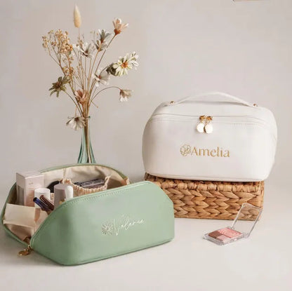 Personalized Embroidered Leather Makeup Bag, Mothers Day Gift for Her, Large Toiletry Organizer for Bride & Bridesmaid Gifts [T]
