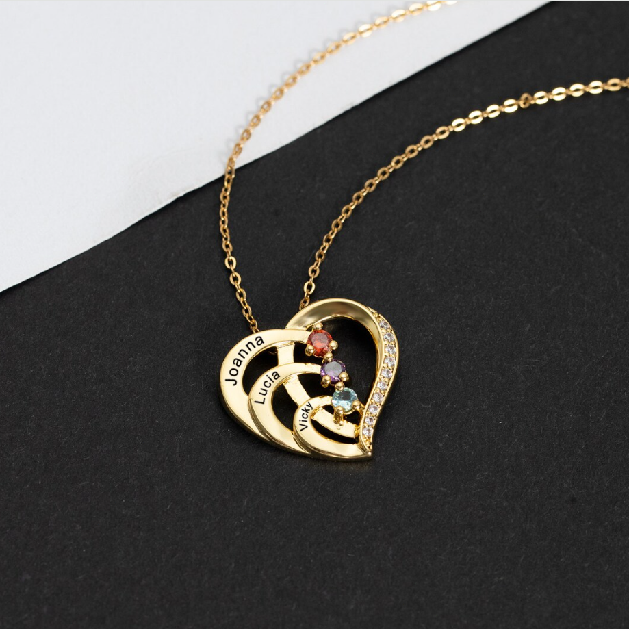 Customized Engraved Name Necklace with Birthstone, Family Jewelry Gift, Heart Name Necklace, Best Birthday Gift, Mother's Day Necklace Gift