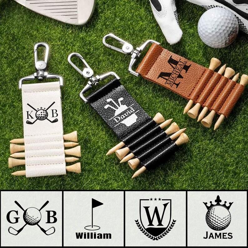 Personalized Golf Theme Monogram Initial PU Leather Golf Tee Holder Bag Tag with Name and 5 Pcs Bamboo Tees Birthday Gift for Golf Player