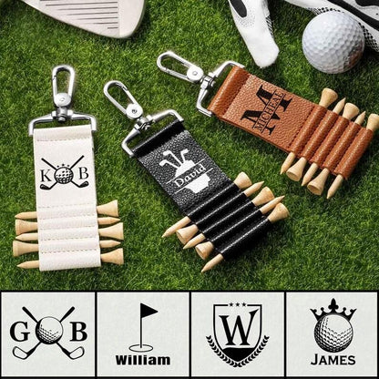 Personalized Golf Theme Monogram Initial PU Leather Golf Tee Holder Bag Tag with Name and 5 Pcs Bamboo Tees Birthday Gift for Golf Player