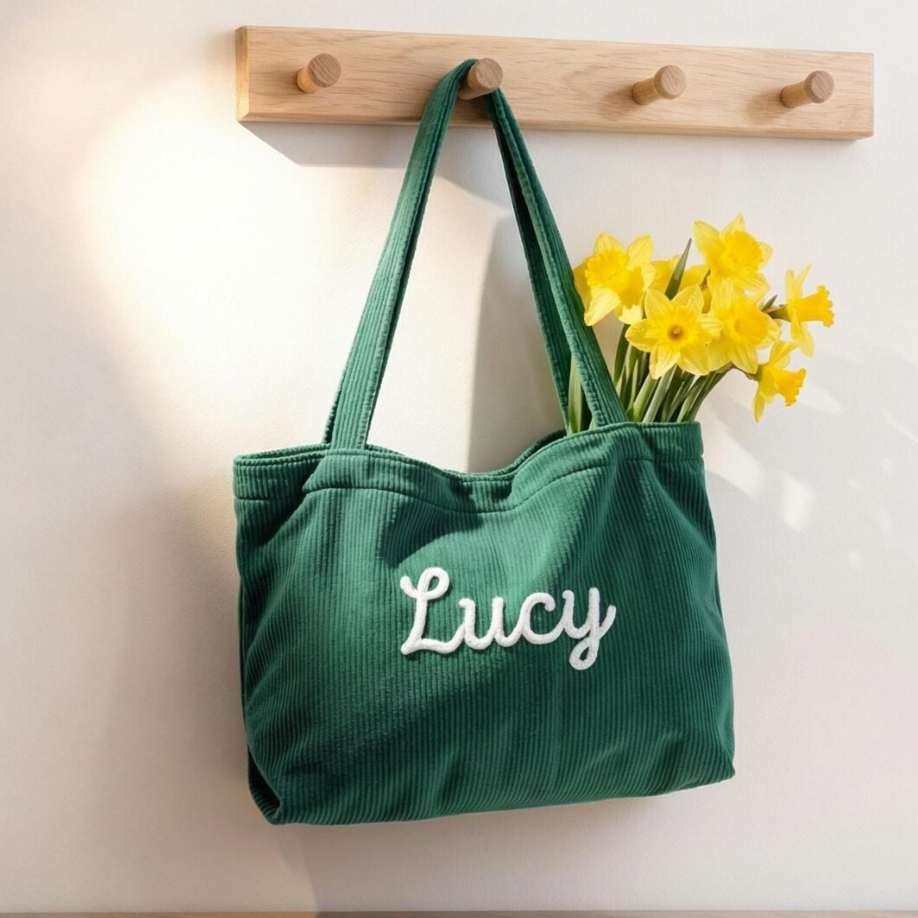 Personalized Corduroy Tote Bag, Custom Embroidered Name Shoulder Bag, Large 17¡± Everyday Shopper, Gift for Her
