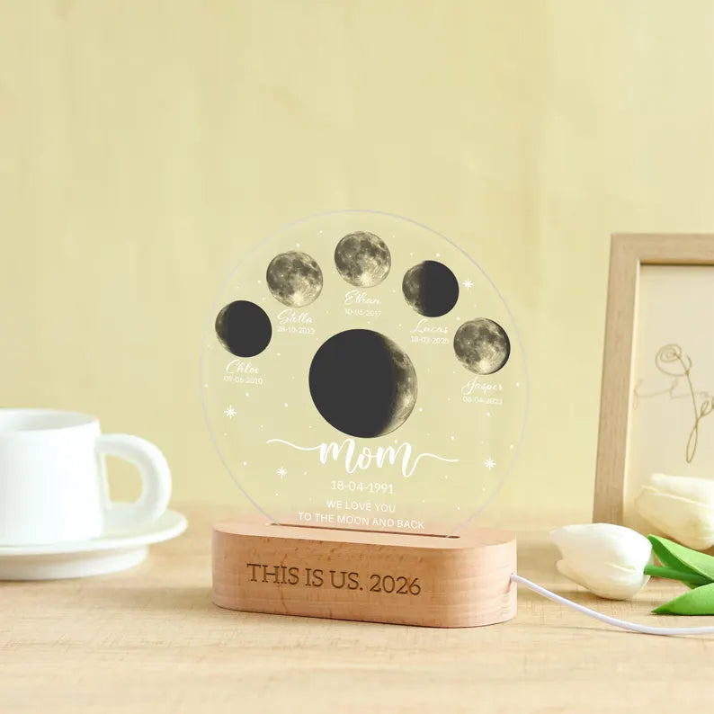 Personalized Moon Phase LED Night Light, Custom Lunar By Date Moons Phase with Kids Names, Mothers Day Gift, Fathers Day Gift, Birthday Gift