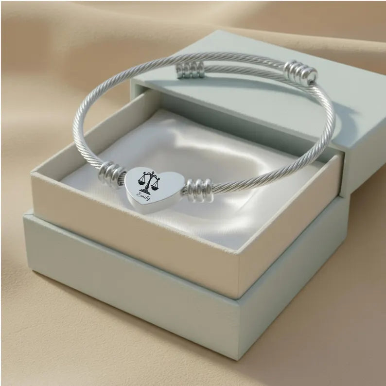 Elegant And Chic Heart Cuff Bracelet (Engraving), Scales of Justice, Personalized Gift, Custom Lawyer Bracelet, Gift for Law School Graduate
