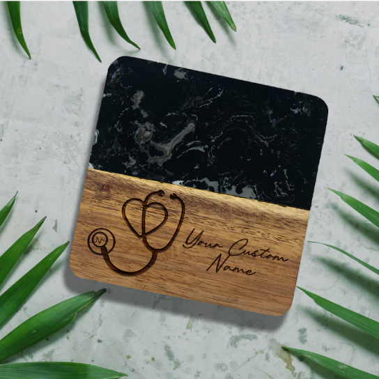 Marble & Acacia Wood Stethoscope Coaster, Medical Office Decor, Heart Design, Doctor Gift, Nurse Accessory