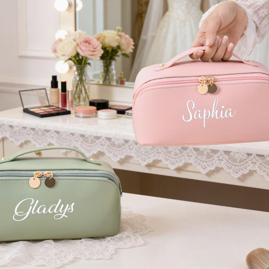 Leather Embroidered Makeup Bag,Personalized Bridesmaid Gifts,Wedding Makeup Bag,Bridal Shower Gift,Cosmetic Bag with Name,Gift for Women
