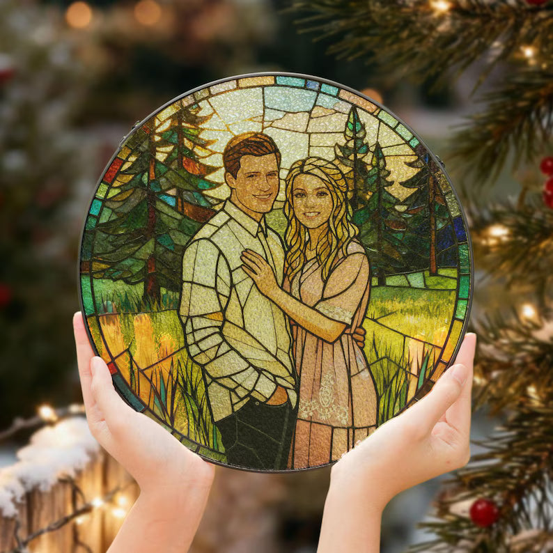 Custom Photo Couple Glass Suncatcher, Personalized Family Portrait Suncatcher Gift