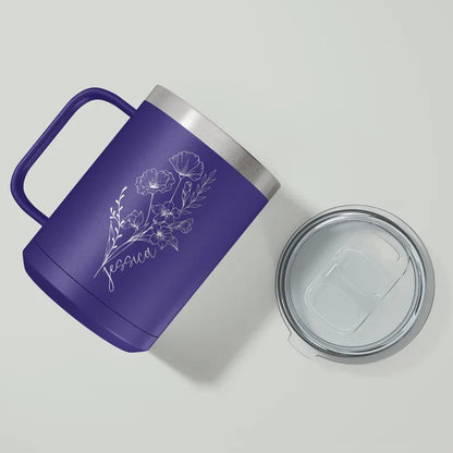 Personalized Birth Flower Insulated Coffee Tumbler with Handle for Sister, Best Friend, Bridesmaid, Personalized Coffee Mug, Travel Mug
