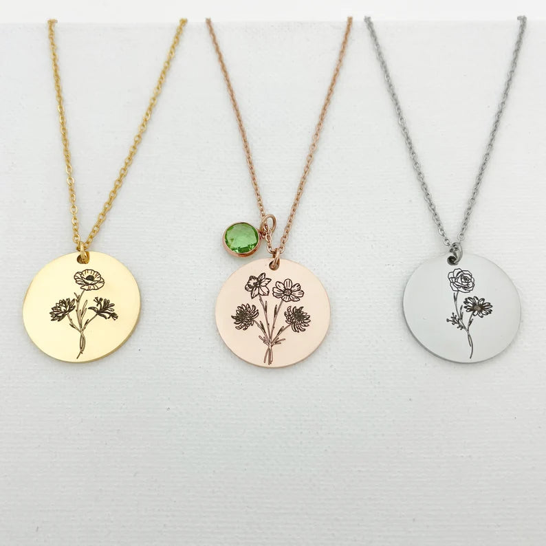 Family Birth Flower Bouquet Necklace with Birthstone Personalized Month Necklace Custom Mother Jewelry Combined