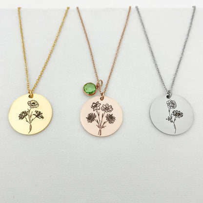 Family Birth Flower Bouquet Necklace with Birthstone Personalized Month Necklace Custom Mother Jewelry Combined