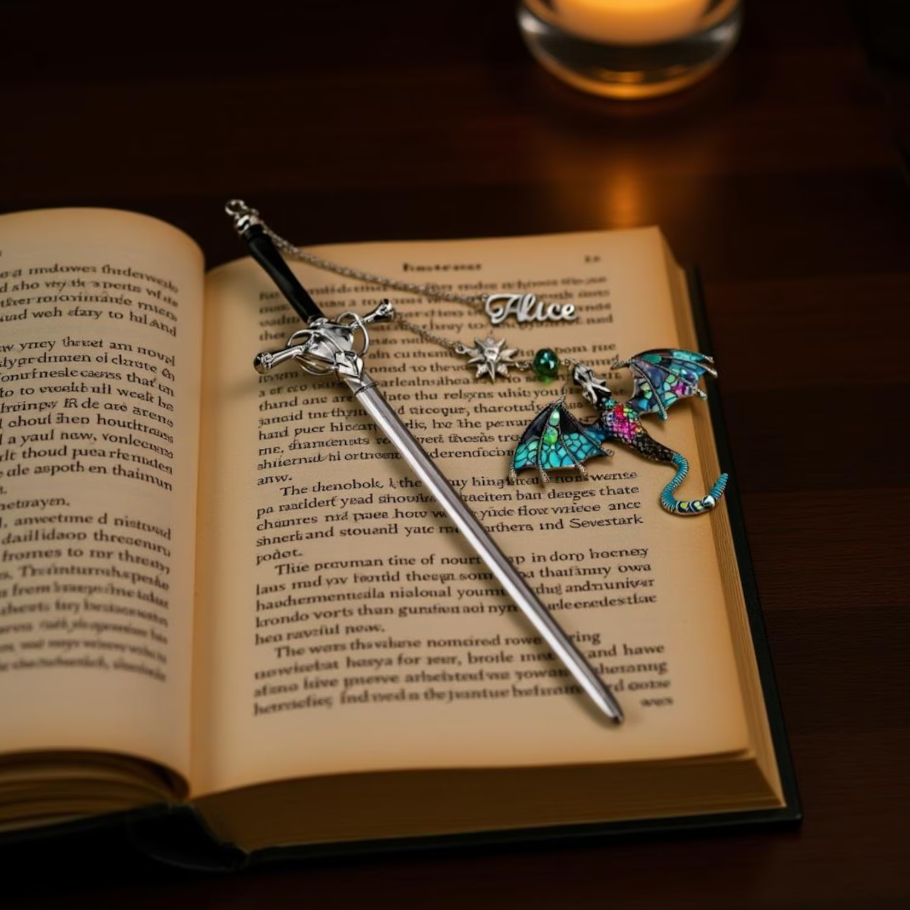 Personalized Name Fantasy Dragon Sword Bookmark | Fourth Wing Gothic Bookmark | Bookish Metal Charm | Birthday Graduation Gift for Readers