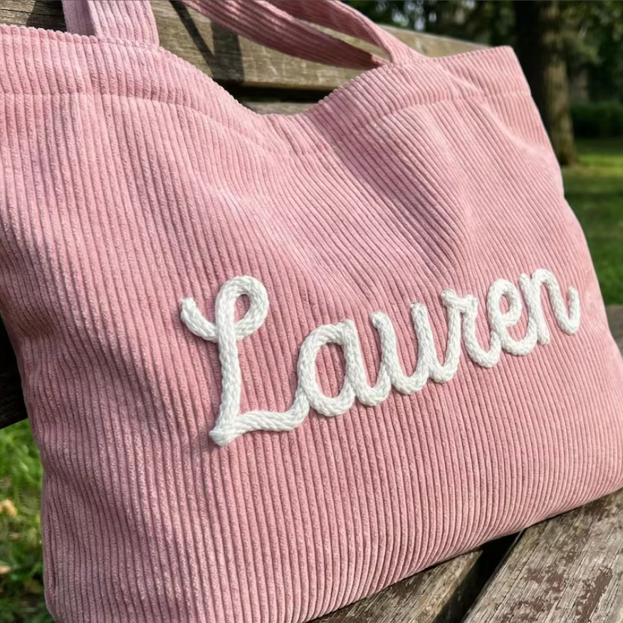 Personalized Corduroy Tote Bag, Custom Embroidered Name Shoulder Bag, Large 17¡± Everyday Shopper, Gift for Her