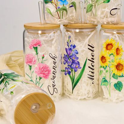 Personalized Birth Flower Tumblers | Custom Glass Coffee cup | Gifts for Her | Mothers Day | Customized gifts for any occasion