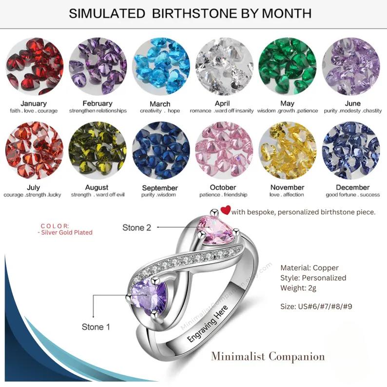 Personalized Infinity Ring | Two Custom Birthstones, Engraved Band, Sterling Silver