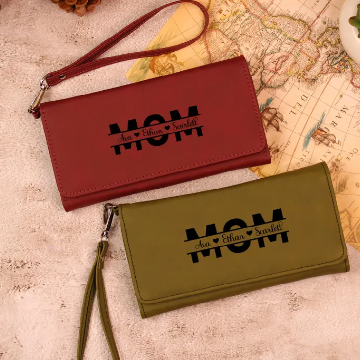 Engraved Leather Mom Kids Name gift, Mothers Day Special Wallet