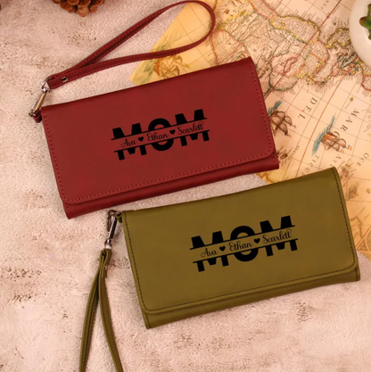 Engraved Leather Mom Kids Name gift, Mothers Day Special Wallet