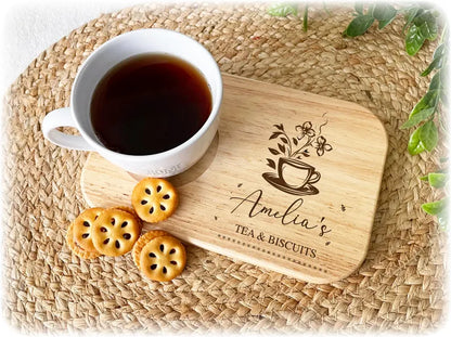 Personalised Engraved Wooden Tea Tray Biscuit Board Drink Coffee Cake Snack Serving Board Mothers Day Gift Birthday Grandad Dad Nan Mum Him