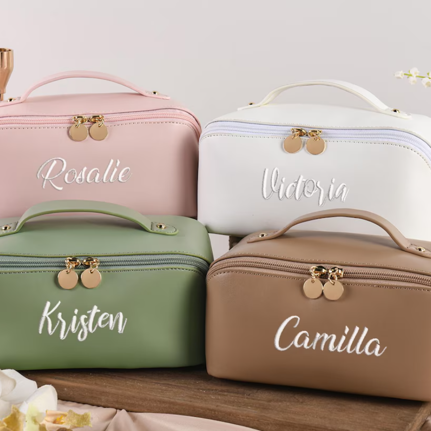 Personalized Leather Embroidered Makeup Bag, Custom Large Capacity Cosmetic Bag, Gift for Women, Gifts for Her, Gift for Mom