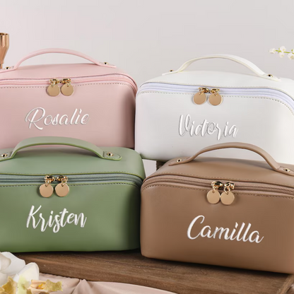 Personalized Leather Embroidered Makeup Bag, Custom Large Capacity Cosmetic Bag, Gift for Women, Gifts for Her, Gift for Mom