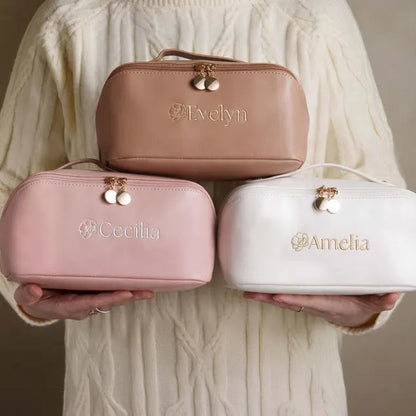 Personalized Embroidered Leather Makeup Bag, Mothers Day Gift for Her, Large Toiletry Organizer for Bride & Bridesmaid Gifts [T]