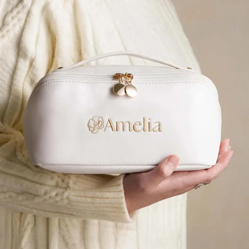 Personalized Embroidered Leather Makeup Bag, Mothers Day Gift for Her, Large Toiletry Organizer for Bride & Bridesmaid Gifts [T]