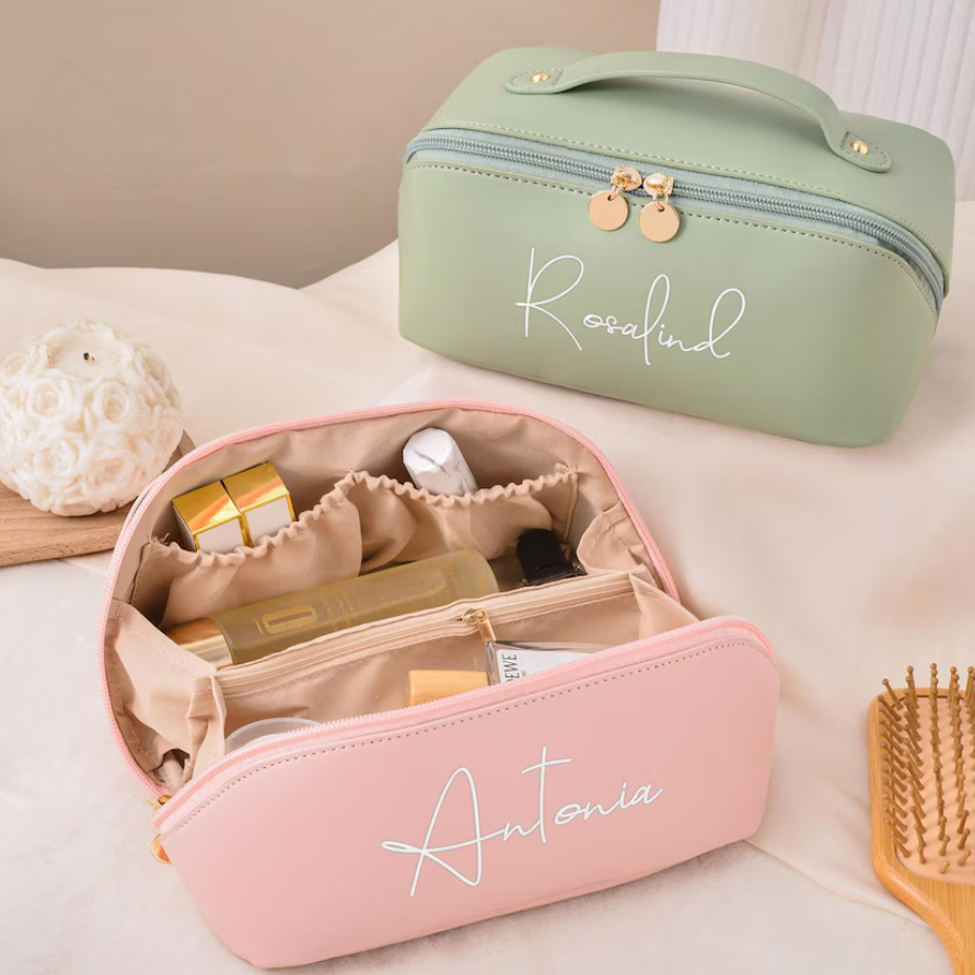 Leather Embroidered Makeup Bag,Personalized Bridesmaid Gifts,Wedding Makeup Bag,Bridal Shower Gift,Cosmetic Bag with Name,Gift for Women